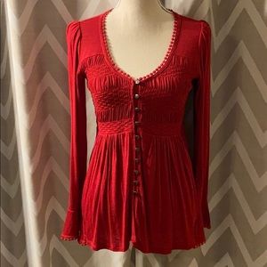 NWT Smocked Button Down w/ Blouse Bell Sleeves Pom-Pom Trim Valentine’s Day SML